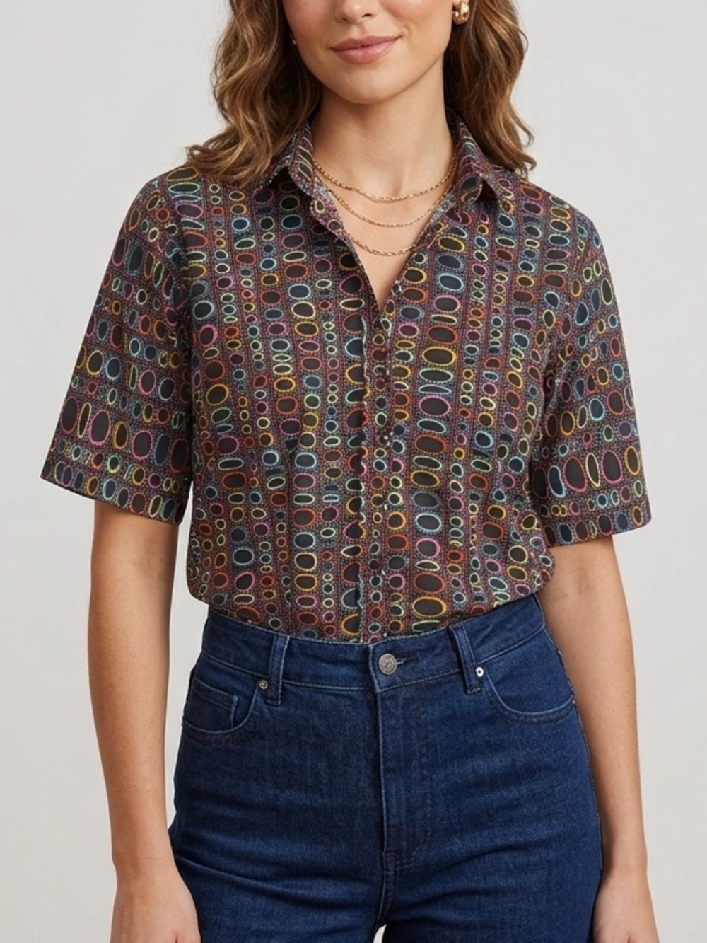 Vintage Retro 70s Abstract Short Sleeve Button-Up Shirt Women's Size Medium